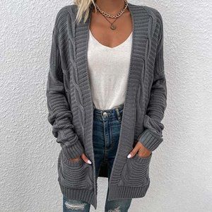 Dark Gray Cable-Knit Longline Button-Up Cardigan